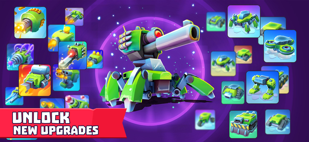 解除可能な様々な武器とシャーシのアップグレードアイコンに囲まれた、カスタマイズされた緑色のタンクを示すプロモーション画像。