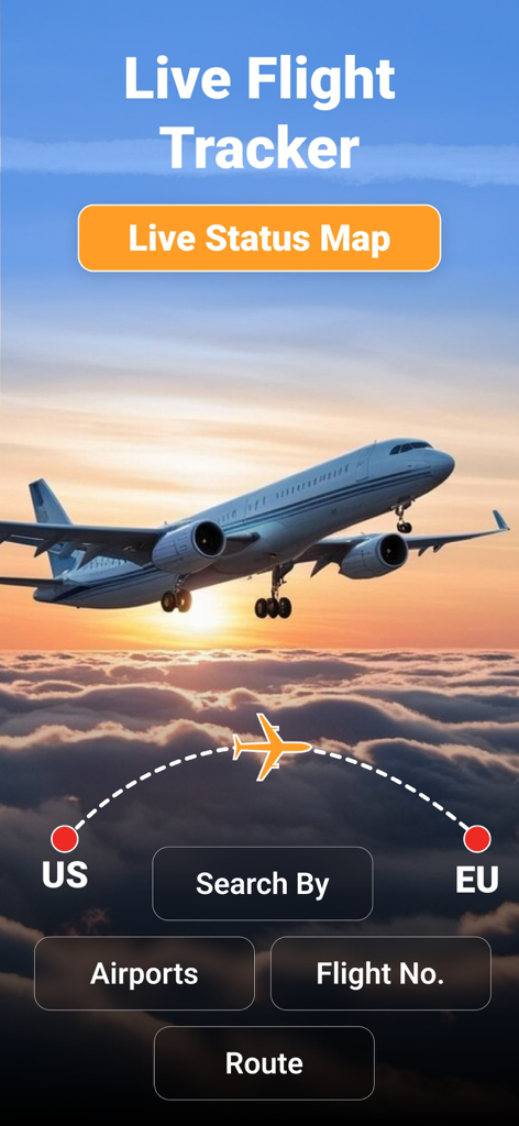 Track Flight : Find Flight - Schermata principale dell'app Traccia Volo che mostra opzioni di ricerca voli per numero, rotta o aeroporto con uno sfondo di un aereo che vola al tramonto.