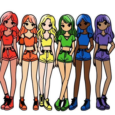 a group of girls wearing crop tops and shorts