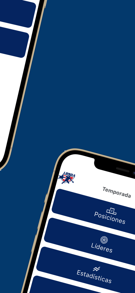 Liga Doble A - Pantalla del menú de la aplicación oficial de béisbol Liga Doble A mostrando las tablas de posiciones y las estadísticas