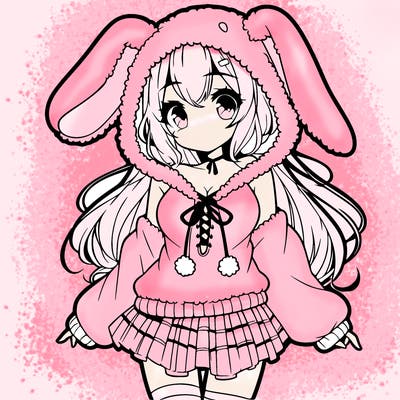 pretty anime girl wearing a fluffy hoodie with bunny ears on the hood and a skirt