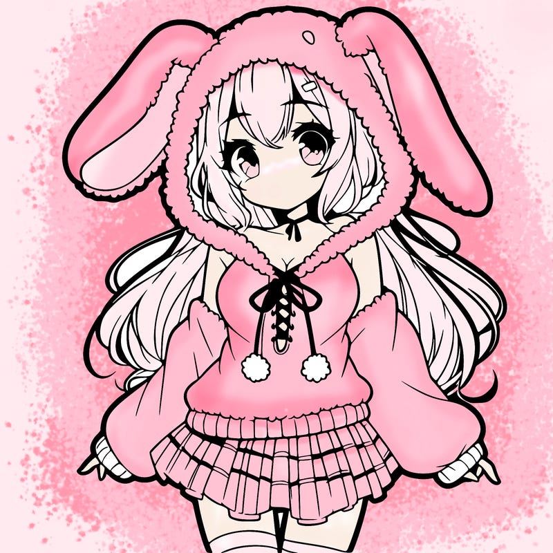 pretty anime girl wearing a fluffy hoodie with bunny ears on the hood and a skirt