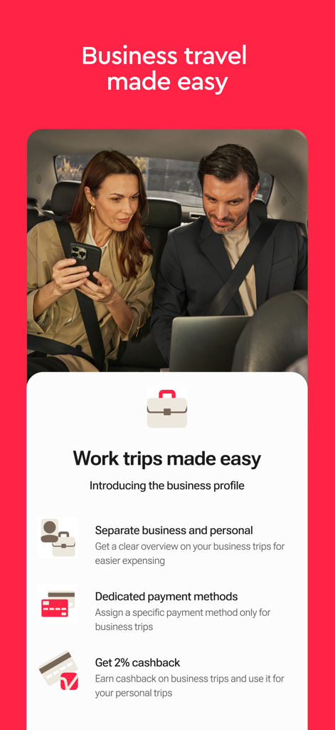 Freenow by Lyft App-Screenshot, der Business-Reisefunktionen wie separate Arbeitsprofile und dedizierte Zahlungsmethoden hervorhebt
