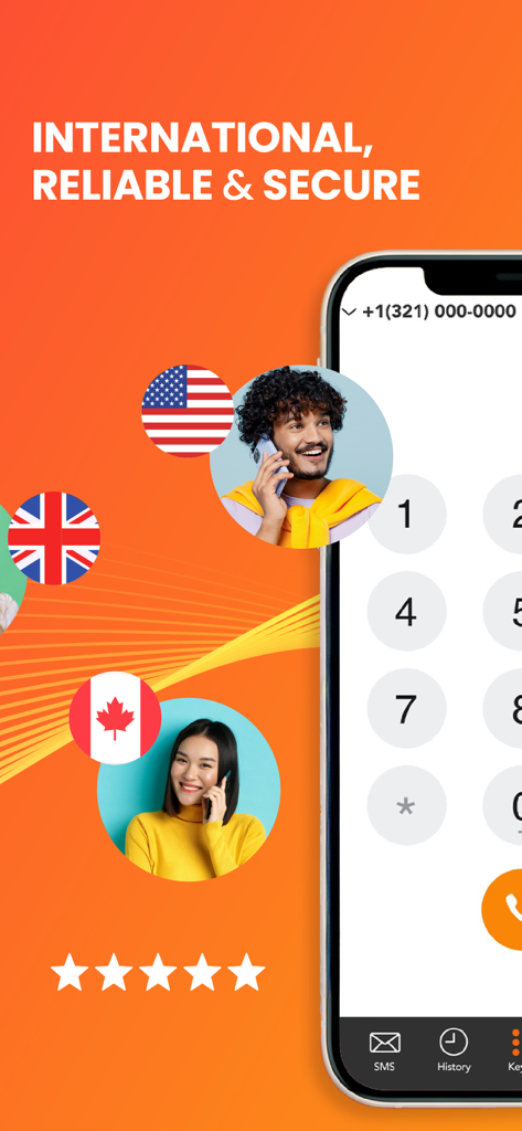 Fanytel app screenshot showing international virtual numbers and dial pad