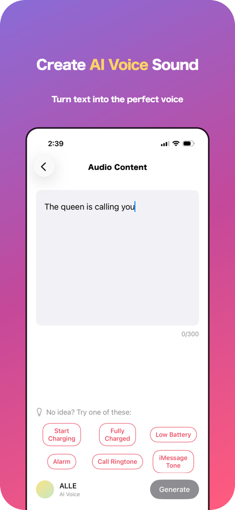 LittyTone:Ringtone & AI Voice - LittyTone app interface showing AI voice creation from text for custom ringtones and notification sounds.