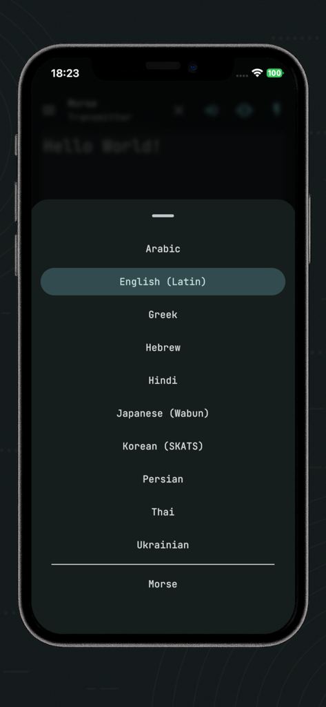 Morse Code Communicator - A list of supported languages for Morse code translation including English, Japanese Wabun, and Korean SKATS on a dark mobile interface
