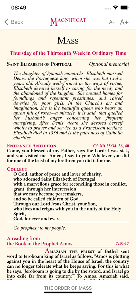 Lecturas y oraciones diarias de la Misa en la interfaz de la aplicación Magnificat Edición en Inglés.