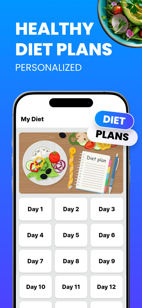 Weight Gain App – Gain Weight - Interface de um aplicativo de ganho de peso mostrando um plano de dieta saudável personalizado de 30 dias