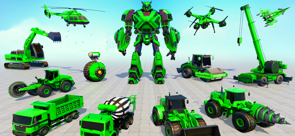 Super Robot Transform Games 3D - A collection of green robot characters and transforming construction vehicles in 3D