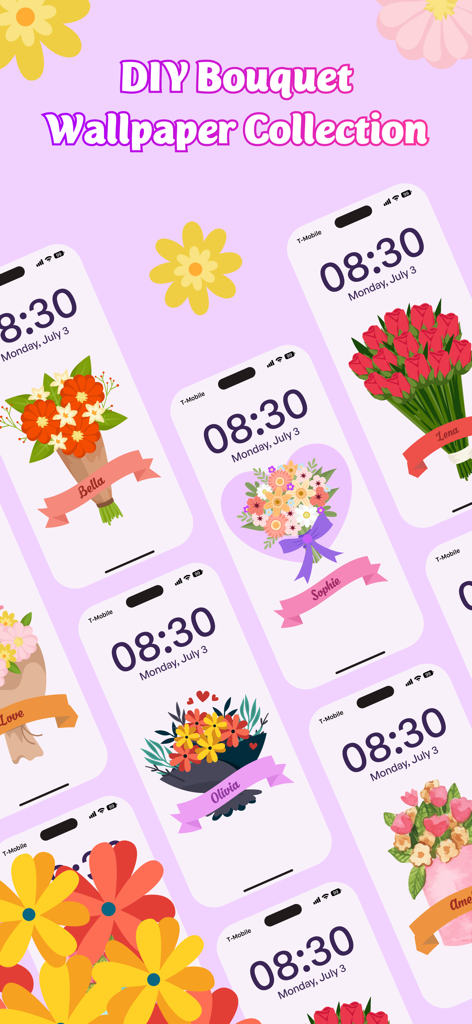 Flower Language Keyboard Color - A collection of iPhone lock screens featuring personalized flower bouquets with names like Bella, Sophie, and Lena.