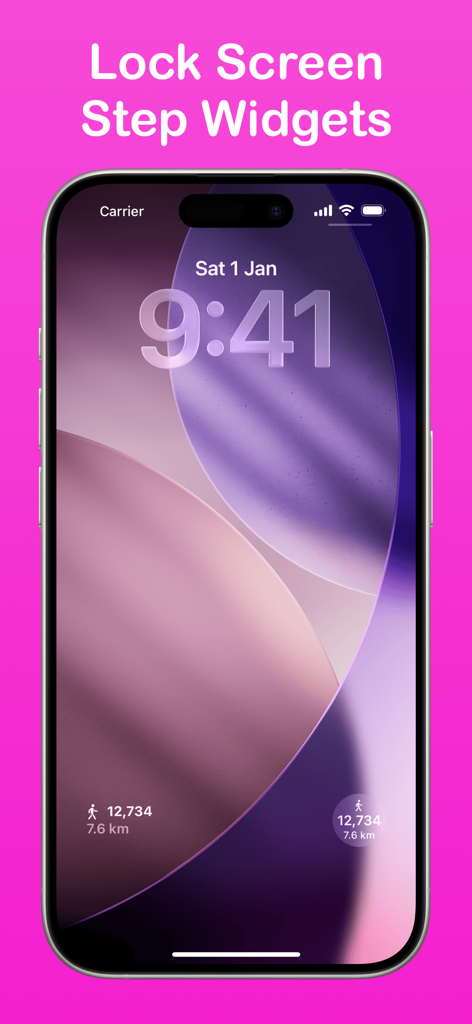 Daily Steps: Step Counter - Daily Steps app showing step counter widgets on an iPhone lock screen with 12,734 steps and 7.6 kilometers tracked.