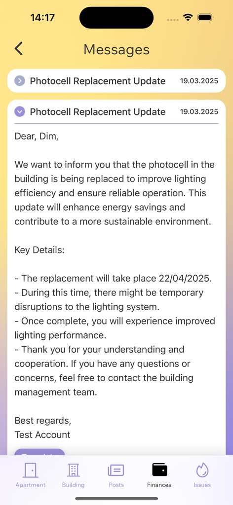 LIVO by Angry Building - Mobile app screen showing an announcement about building maintenance and lighting updates.