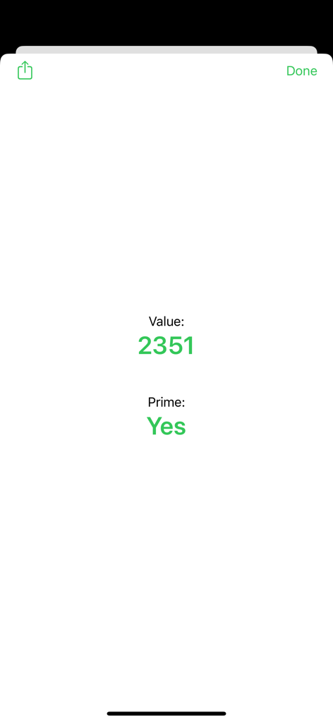 Screenshot of the Prefacto app confirming that the number 2351 is a prime number