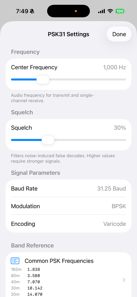 PSK31 settings screen in the Amateur Digital app showing center frequency, squelch controls, and a band reference guide.