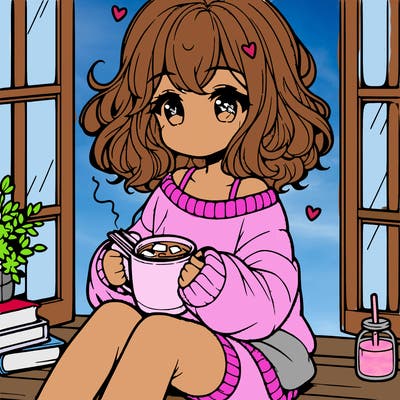 cute anime girl reading book and drinking hot chocolate from mug with loose wavy hair wearing a baggy sweatshirt and shorts sitting by windowsill looking out