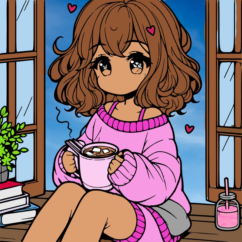 cute anime girl reading book and drinking hot chocolate from mug with loose wavy hair wearing a baggy sweatshirt and shorts sitting by windowsill looking out