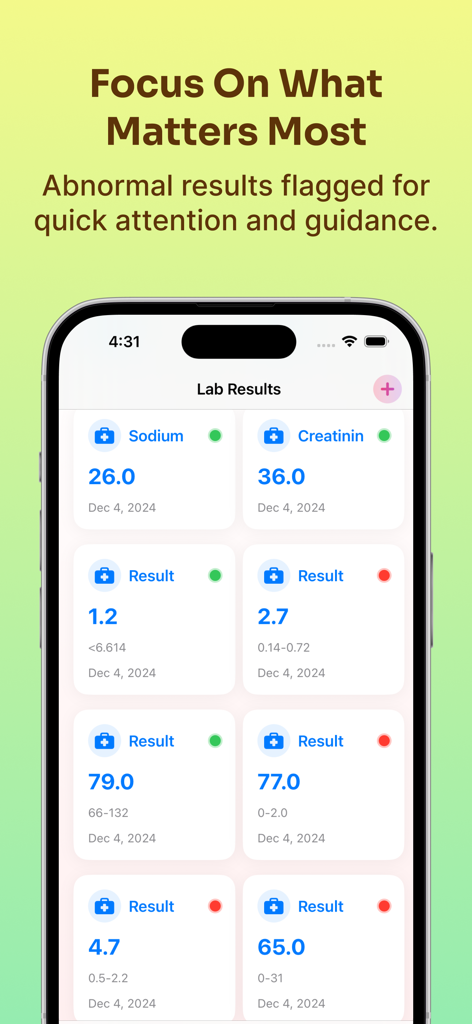AI Lab Results Analyzer - A mobile app interface displaying lab results with red and green indicator dots to highlight abnormal and normal medical values for quick analysis.