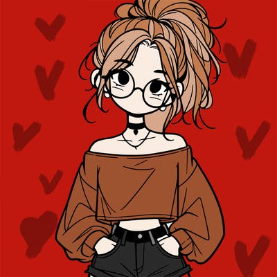 girl with a messy ponytail glasses a baggy crop top and jean shorts