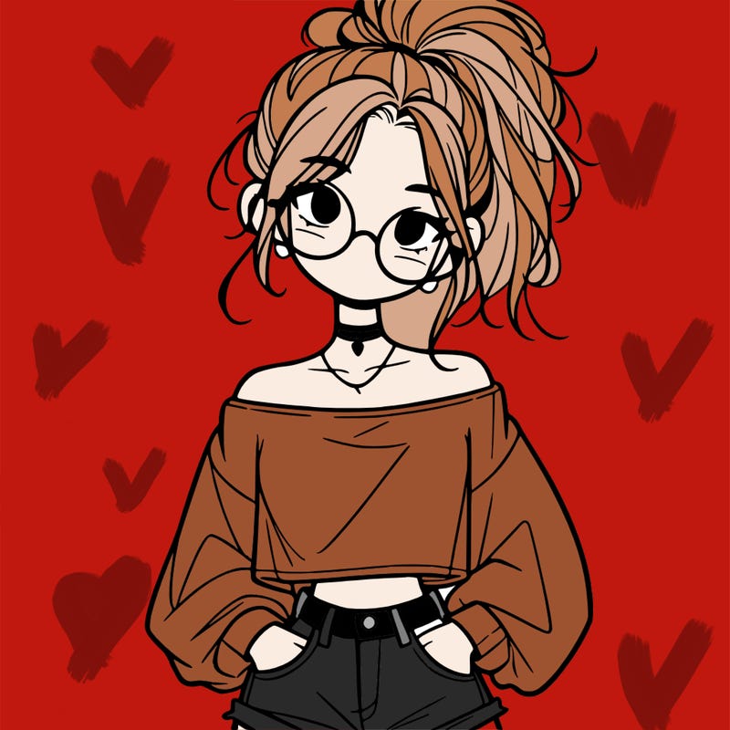 girl with a messy ponytail glasses a baggy crop top and jean shorts