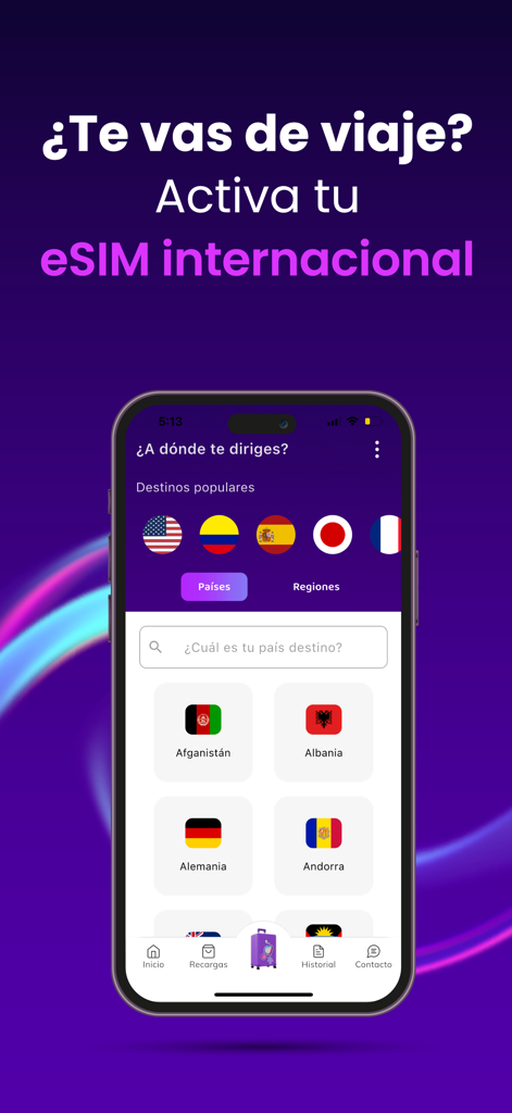 Mi Dalefon - Interface of the Mi Dalefon app showing the international eSIM activation screen with a list of destination countries and popular travel flags
