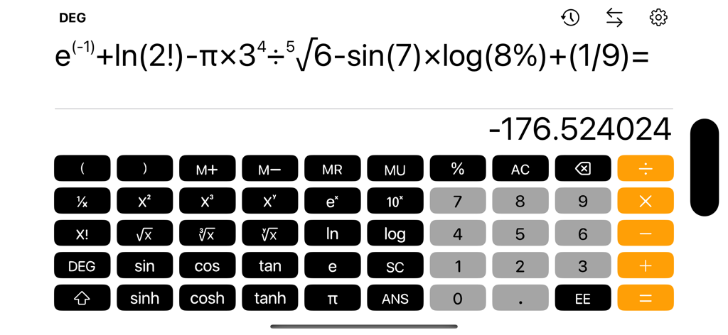 Interfaz de calculadora científica que muestra una expresión matemática compleja y resultado en modo horizontal