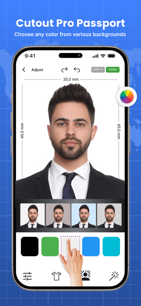 Cutout Pro Passport app interface showing a professional ID photo with customizable background colors