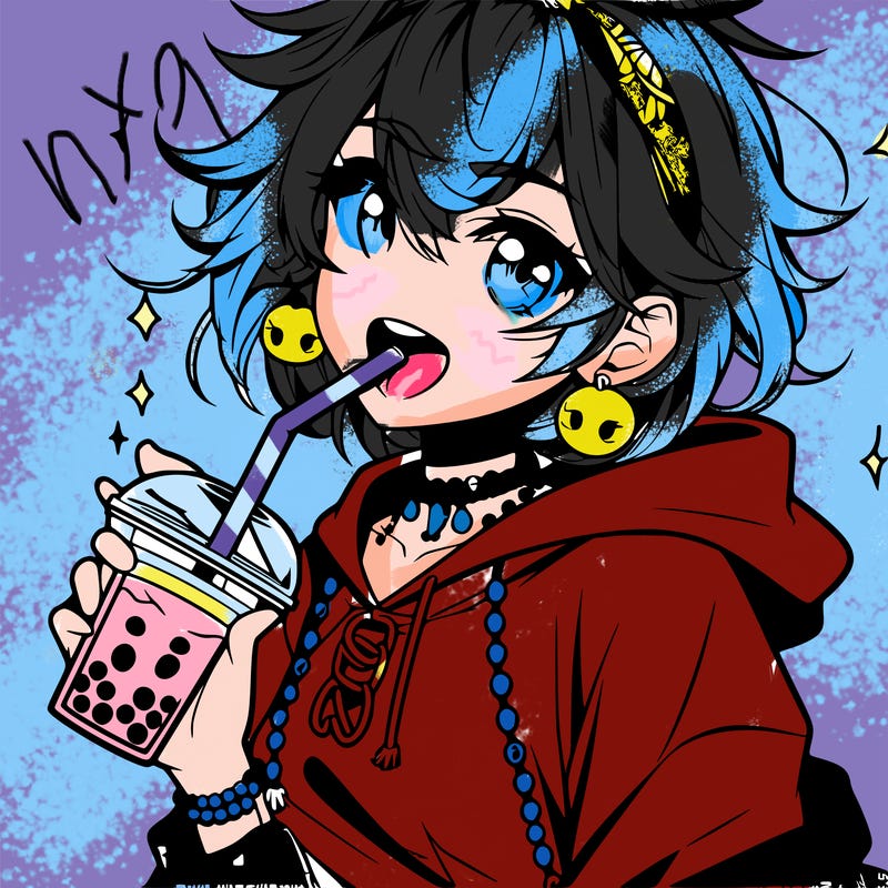 hot baddie anime girl drinking boba and biting the straw