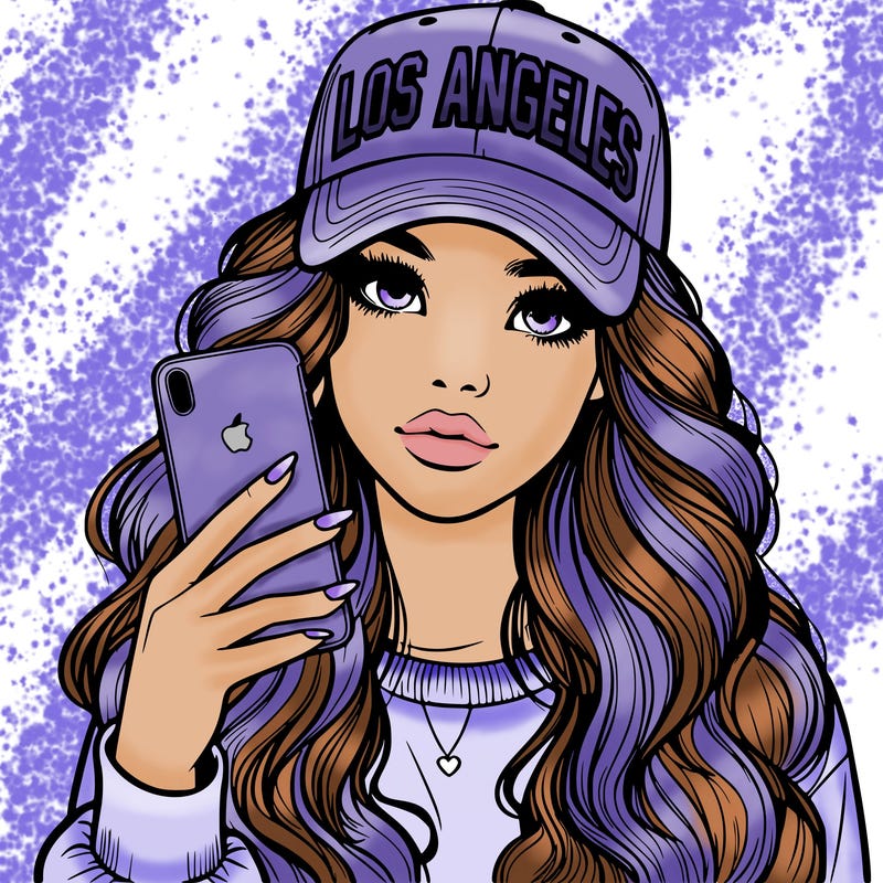 realistic beautiful girl wearing los ángeles cap holding an iphone