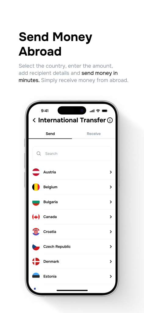 Papara - Un smartphone montrant l'écran de transfert d'argent international de l'application Papara avec une liste de pays et de drapeaux