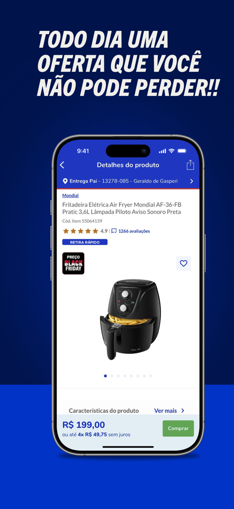 Aplicativo Casas Bahia exibindo uma oferta de Black Friday em uma air fryer.