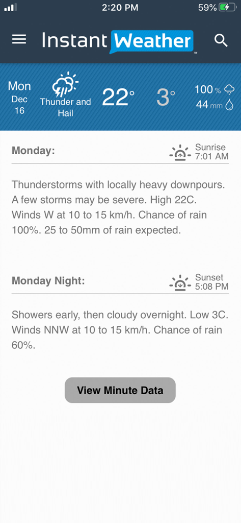 Instant Weather - Instant Weather app screen showing a detailed daily forecast for thunderstorms and hail