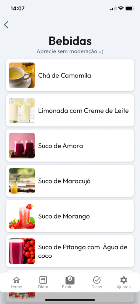 Desafio Diabetes - Low Carb - A list of healthy low carb beverage options in the Desafio Diabetes app including juices and teas.