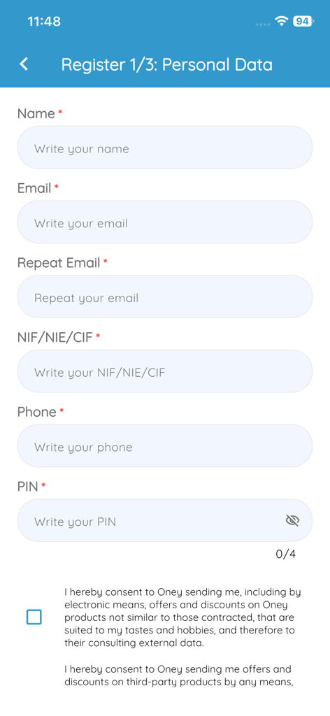 automatric - Pantalla de registro de datos personales en la aplicación Automatric.