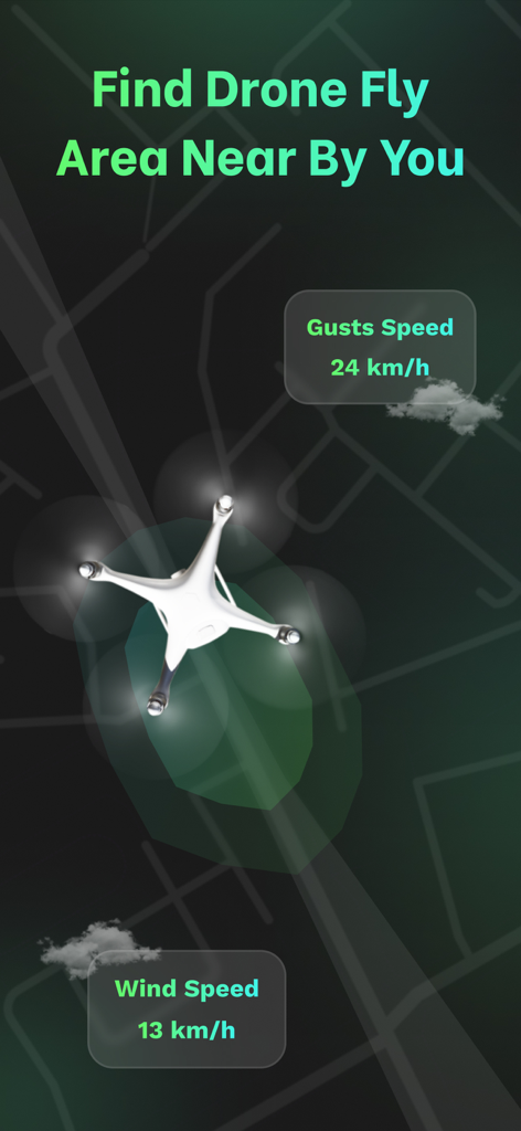 Drone Forecast app interface displaying local fly areas with wind and gust speed data