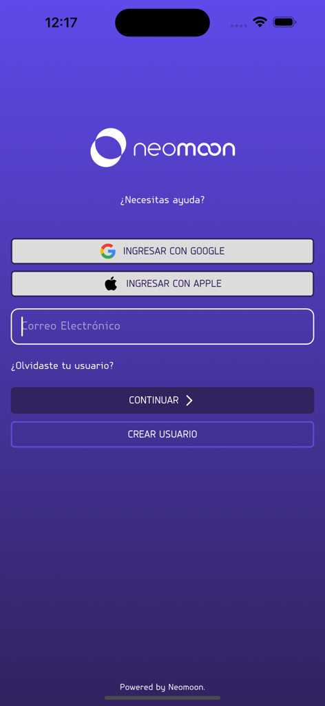 Neomoon app login interface with options for Google and Apple sign-in.