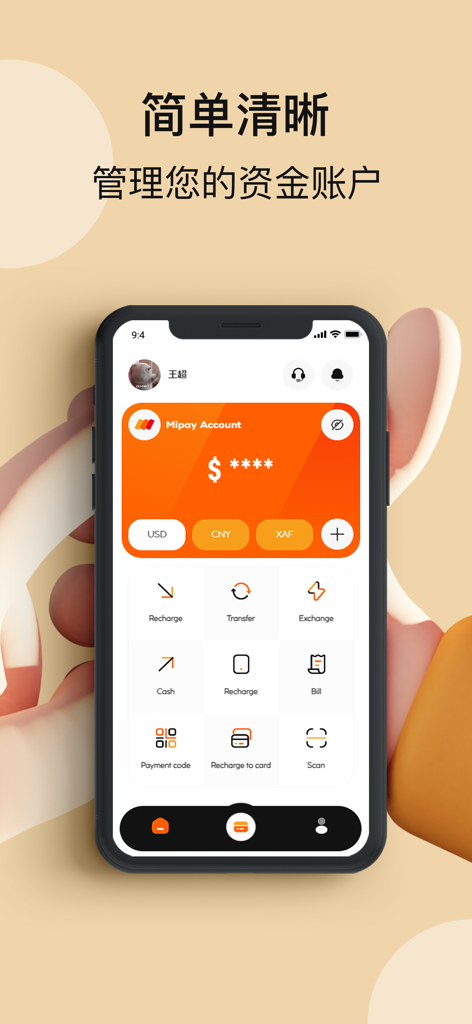 Mipay mobile app home screen showing multi-currency account management and transaction icons in simplified Chinese