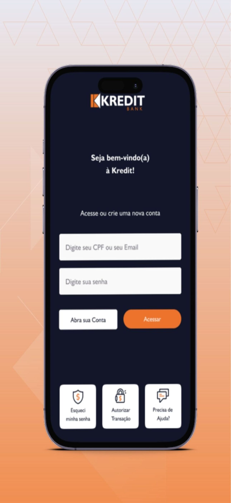 Kredit - Pantalla de inicio de sesión de la aplicación móvil Kredit Bank con campos de entrada de CPF y correo electrónico.