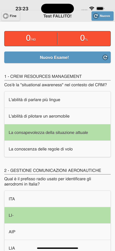 Quiz STS-01 Droni - Quiz STS-01 Droni app screen showing exam results and technical questions for drone pilots