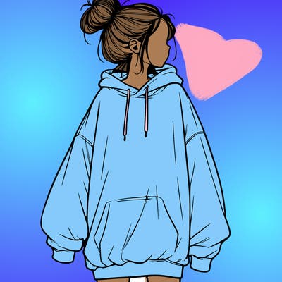realistic girl with a oversized sweatshirt on and a bun