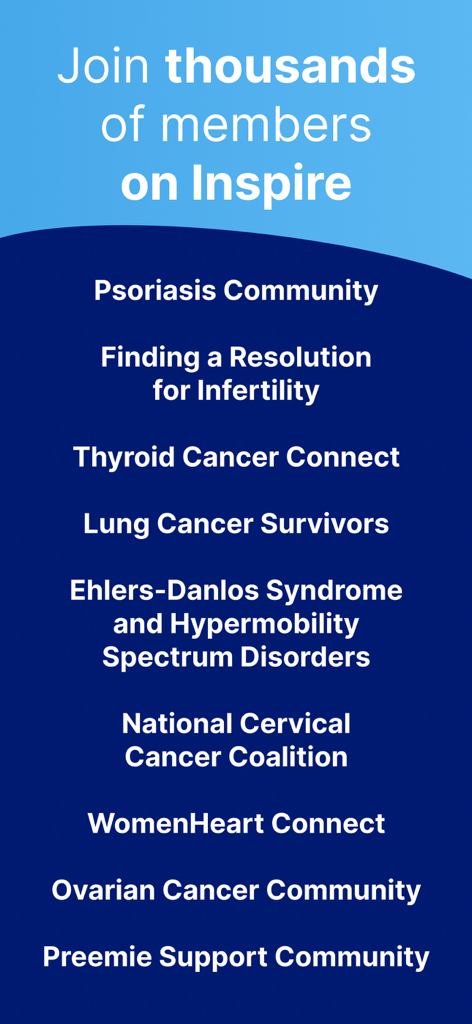 A list of diverse health support communities available on the Inspire app including groups for cancer, psoriasis, and infertility.