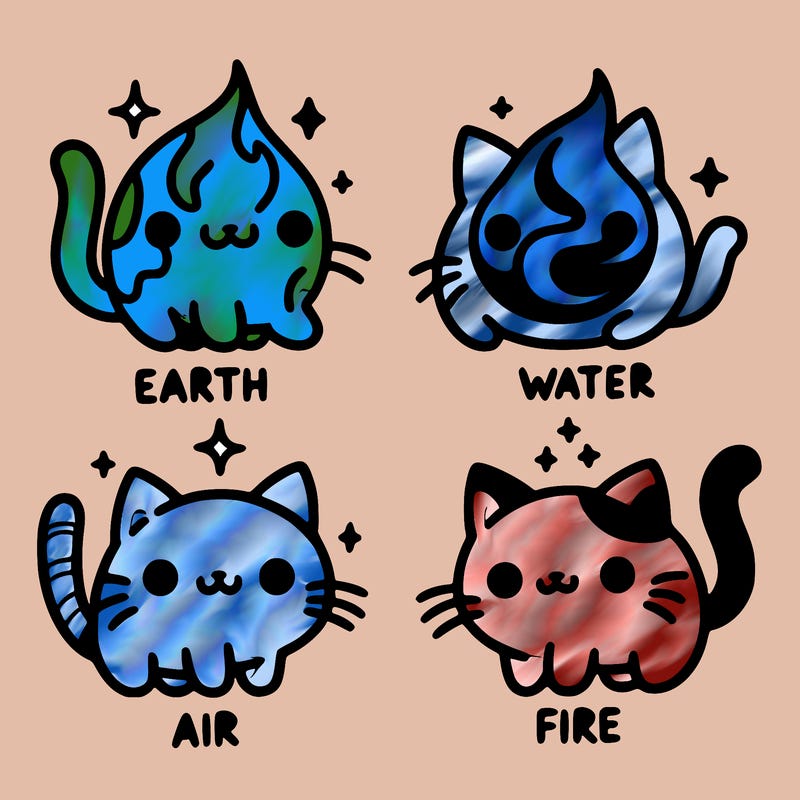 4 cats that represent the different elements, earth, water, air, and fire