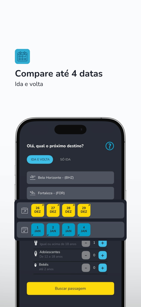 Voopter - Preços de Voos - Voopter app interface showing the multidate flight search feature to compare prices across four different dates simultaneously.