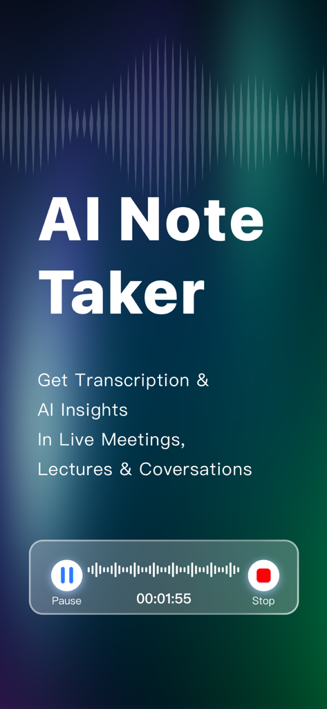 Interfaz de la aplicación Proactor AI Note Taker que muestra funciones de transcripción y grabación en tiempo real para reuniones y conferencias
