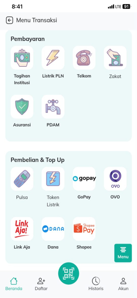 LINK HSI - LINK HSI app transaction menu showing payment and top up options for utility bills and e-wallets