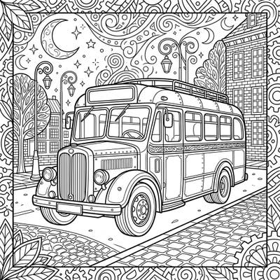 Embark on a nostalgic coloring adventure with this charming vintage bus, illuminated by the serene glow of a night sky. This intricate design invites you to bring a piece of history to life with your favorite colors.