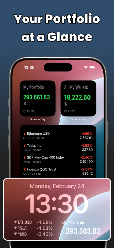 Portfolio Tracker: Finance Bay - Tela inicial do iPhone exibindo widgets do Finance Bay para rastreamento de portfólio e dados de mercado de ações em tempo real.