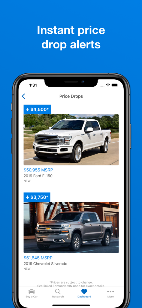 Mobile app screen showing price drop alerts for new trucks on the Edmunds app