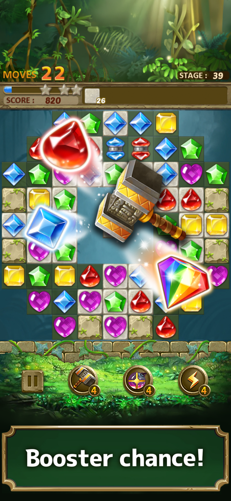 Jewels Jungle Match 3 puzzle board featuring a golden hammer booster and colorful gems in a jungle setting.