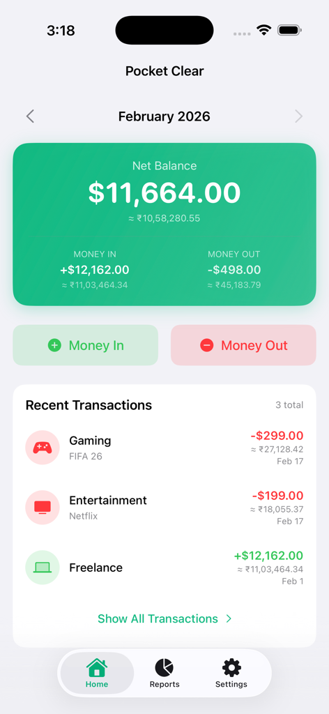 Pocket Clear - Pocket Clear app home screen showing net balance, monthly income and expenses, and a list of recent transactions.