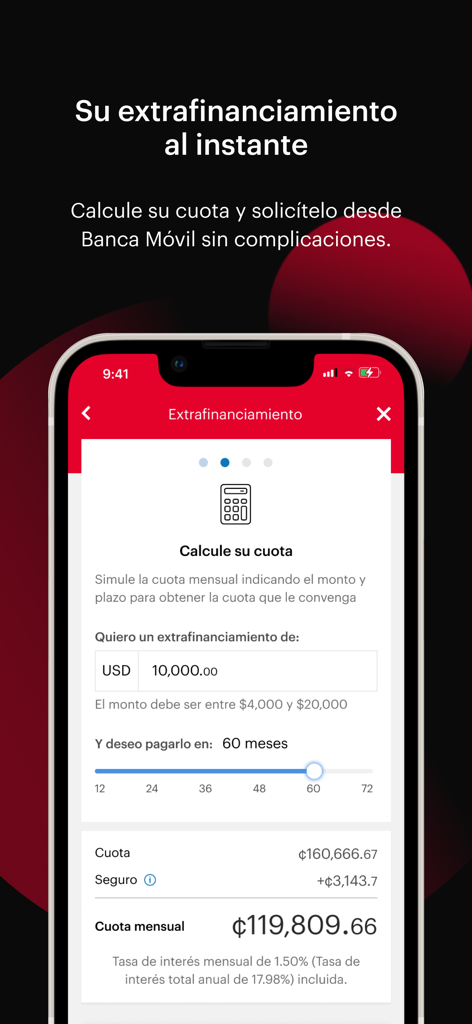 Pantalla de la aplicación Banca Movil BAC que muestra una calculadora de préstamos de financiamiento extra con detalles de pagos mensuales